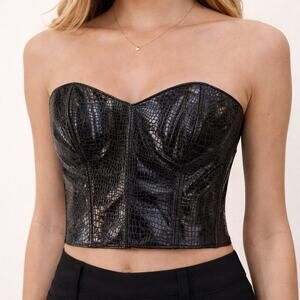 Cache Black Faux Leather Croc Embossed Strapless Y2K Corset Top Sz 10
